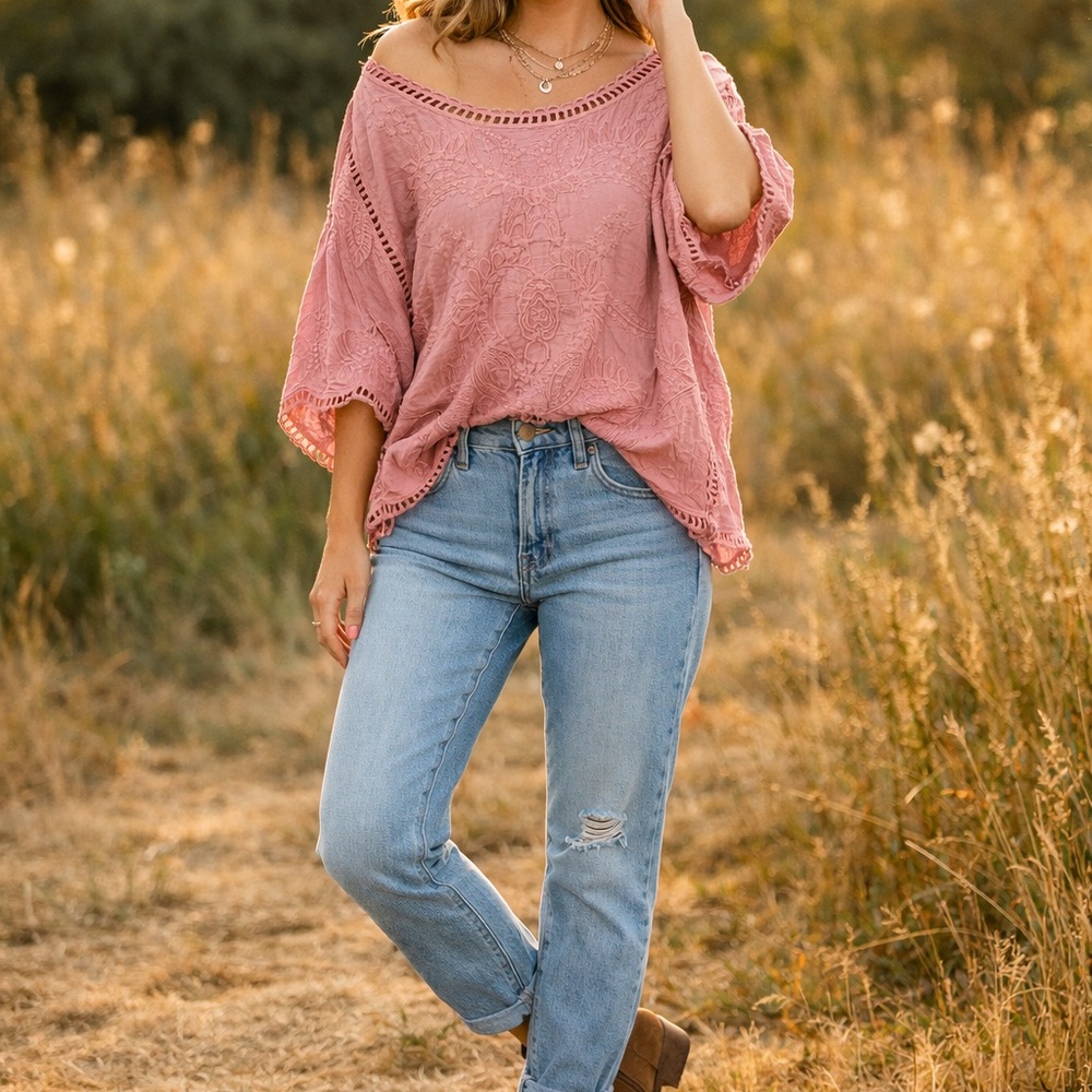 Boho Embroidered Blush Pink Peasant Top Cottagecore Coquette Oversized